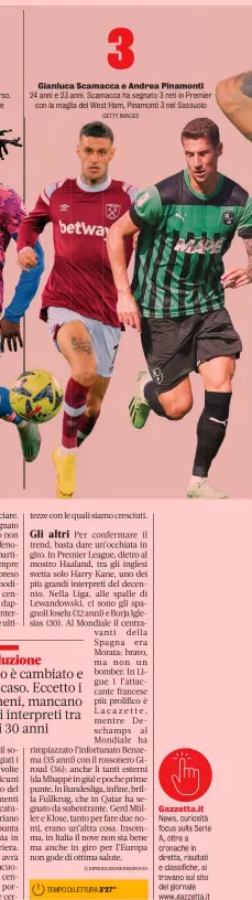  ?? GETTY IMAGES ?? Gianluca Scamacca e Andrea Pinamonti 24 anni e 23 anni. Scamacca ha segnato 3 reti in Premier con la maglia del West Ham, Pinamonti 3 nel Sassuolo