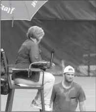  ?? Arkansas Democrat-Gazette/BENJAMIN KRAIN ?? Philip Bester, from Canada, complains to the chair umpire during Sunday’s match against Brayden Schnur in the singles final of the Bolo Bash on Sunday at Rebsamen Tennis Center in Little Rock.