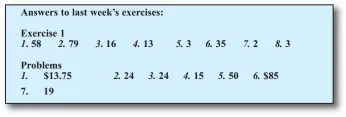  ??  ?? Answers to last week’s exercises:
Exercise 1 58 7.
19 79 Problems $13.75 16 24 13 24 3 15 35 50 2 $85 3