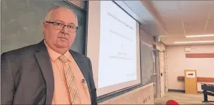  ?? JAMES MCLEOD ?? Memorial University economics department head Wade Locke delivered a public lecture on Friday, and painted a grim picture of the state of the Newfoundla­nd and Labrador economy.