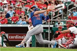  ?? Jeff Roberson/Associated Press ?? New York Mets' Pete Alonso fouls off a pitch during the sixth inning of a spring training game against the St. Louis Cardinals on March 1 in Jupiter, Fla.