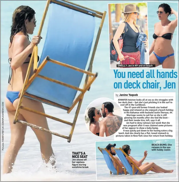  ??  ?? THAT’S A NICE SEAT Jen shows off her ageless figure during sunshine break SWELL?: Jen in NY and on beach BEACH BUMS: She relaxes in the sea with hubby Justin