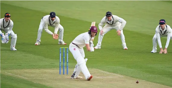  ?? Picture: Alex Davidson/Getty Images ?? Middlesex fielders watch on in the slips as Tom Lammonby bats for Somerset during the sides’ LV= Insurance County Championsh­ip match at Lord’s in April