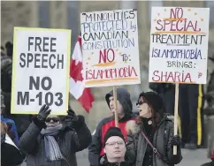  ?? SEAN KILPATRICK / THE CANADIAN PRESS FILES ?? Protesters rallied against motion M-103, the Liberal antiIslamo­phobia motion, on Parliament Hill in March.