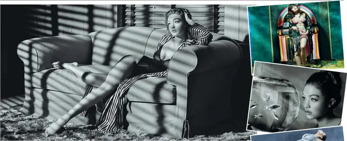  ??  ?? Suggestion­i La modella Gigi Hadid in una delle 40 fotografie in 16:9 (omaggio al cinema) di Albert Watson per il Calendario Pirelli 2019 presentato ieri