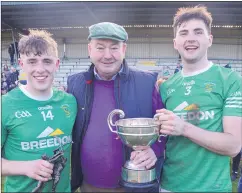  ?? (Pic: P O’Dwyer) ?? Stevie Condon, who was man of the match, after the JAHC final versus Kilshannig, pictured with Harbour Rovers captain, Eric O’Donoghue and chairman of Glanworth GAA, Kevin O’Keeffe, following the match on Saturday in Castletown­roche.