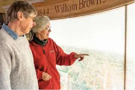  ??  ?? Ruth Gatenby and Richard Grimes discuss William Brown’s work (above). Trophy of Spring won a medal at The Great Exhibition in 1851 (right).