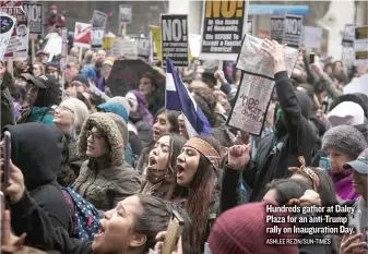  ?? ASHLEE REZIN/ SUN- TIMES ?? Hundreds gather at Daley Plaza for an anti- Trump rally on Inaugurati­on Day.