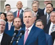  ?? AP PHOTO/J. SCOTT APPLEWHITE ?? In foreground, Speaker of the House Kevin McCarthy, R-Calif., holds a news conference to mark 100 days of the Republican majority in the House, at the Capitol on Monday in Washington.