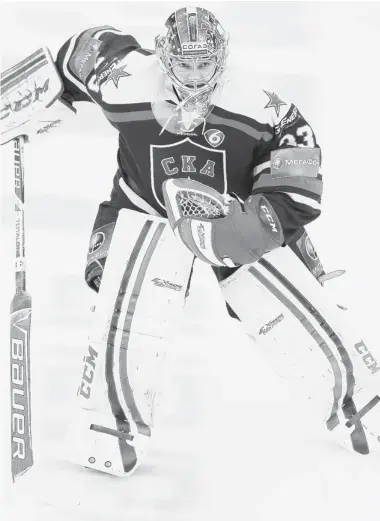  ?? SKA.RU ?? Ilya Ezhov, a goaltender for Russia’s SKA Saint Petersburg team in the Kontinenta­l Hockey League, was born in Russia, but
grew up in Montreal with dreams of becoming a profession­al goalie.