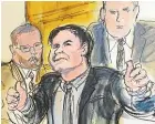  ?? AP ?? In this courtroom drawing, Joaquin ‘‘El Chapo’’ Guzman gives a thumbs up to his wife after being convicted of drug traffickin­g charges.