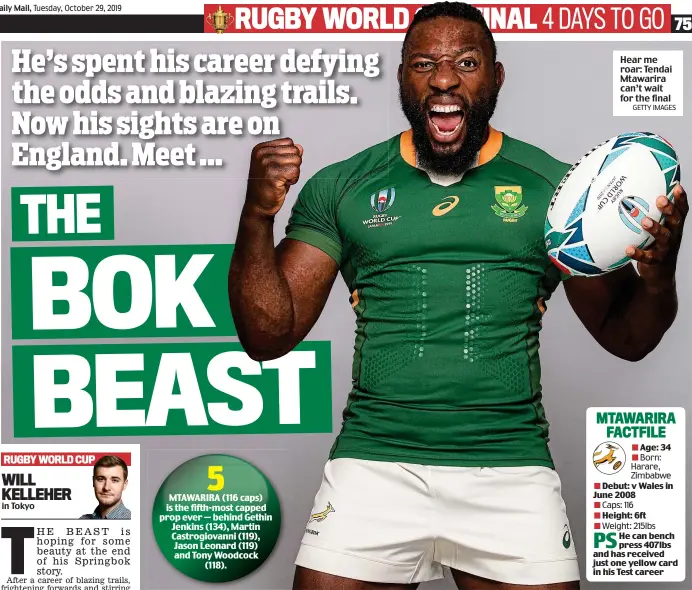  ?? GETTY IMAGES ?? Hear me roar: Tendai Mtawarira can’t wait for the final