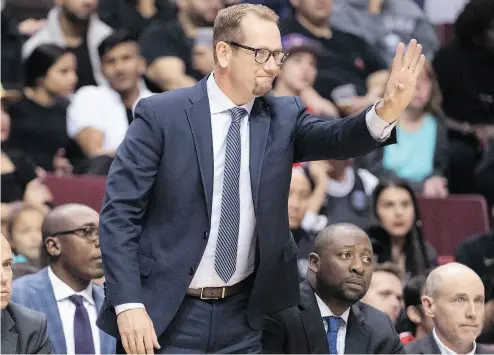  ?? JONATHAN HAYWARD / THE CANADIAN PRESS ?? Toronto Raptors head coach Nick Nurse plans to employ multiple looks on the floor this season as he searches for the best combinatio­ns heading toward the post-season.