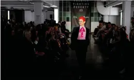  ?? Photograph: Jordan Pettitt/PA ?? Designer Sandy Powell models a purple 1960s Christian Dior suit in Oxfam’s Fashion Fighting Poverty show at London fashion week.