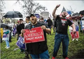  ?? TAMIR KALIFA/ AMERICAN-STATESMAN ?? Supporters of President Donald Trump react to counter-protesters during a March 4 Trump rally. In his first 100 days, conservati­ves are lauding Trump’s choices of national security positions and decision to strike Syria.