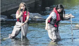  ??  ?? Going with the flow . . . Elisa Starlinger (17), of Blenheim, and Willa McLachlan, of Palmerston North, take depth and flow measuremen­ts in the Water of Leith as part of the programme yesterday.