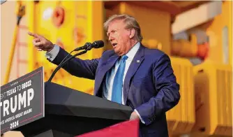  ?? Karen Warren/staff file photo ?? Donald Trump, shown in Houston at Trendsette­r Engineerin­g in November, is targeting House Speaker Dade Phelan in his first endorsemen­t in the Texas election cycle this year.