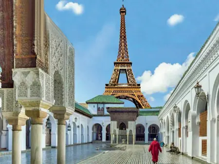  ??  ?? Qui sopra un’elaborazio­ne grafica in cui la Tour Eiffel diventa il minareto di una moschea