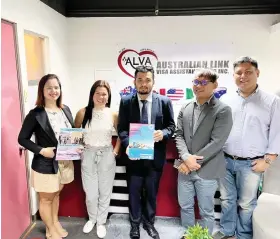  ?? / ALVA ?? EXPANSION. Australian Link Visa Assistance (Alva) Plus Inc. opens its first office in the Visayas in Cebu City. With internatio­nal borders reopening, Alva, a visa consultanc­y and education agent, is now bracing for the renewed interest of Filipinos to study, work or live in Australia. From left are Mitchie Badana, executive assistant at Alva Cebu Branch; Edelvina Neri, vice president at Alva branches in Cagayan de Oro, Makati, Rizal and Pampanga and president of Alva Cebu; Suraj Rayamajhi, regional director of Southern Academy of Business and Technology (SABT); Chaddy Cocjin, marketing manager of SABT, and Noli Neri, president of Alva branches in Cagayan de Oro, Makati, Rizal and Pampanga.