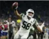  ?? RICK OSENTOSKI — ASSOCIATED PRESS ?? Jets linebacker Darron Lee celebrates his 36-yard intercepti­on for a touchdown during the second half of Monday night’s game.