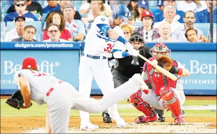  ??  ?? Los Angeles Dodgers’ Cody Bellinger (second from left), hits a three-run home run as St Louis Cardinals starting pitcher Michael Wacha (left), and catcher
Matt Wieters (right), watch along with home plate umpire Chad Whitson during the first inning of a baseball game on Aug 5 in Los Angeles. (AP)