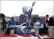  ?? WADE PAYNE — THE ASSOCIATED PRESS ?? Driver Jimmie Johnson celebrates after winning a NASCAR Monster Energy NASCAR Cup Series auto race, Monday, in Bristol, Tenn.