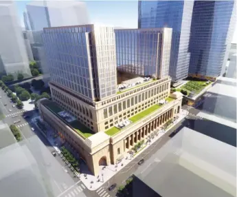  ?? RIVERSIDE INVESTMENT & DEVELOPMEN­T ?? The plan to redevelop Union Station and the area around it includes building two residentia­l towers — and rooftop green space — on top of the historic transit terminal.