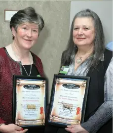  ??  ?? Anne Murphy of Gorey and Ann Ford of Ballyjames­duff with their Hall of Fame certificat­es. Left: Vera Roche of Roundwood receives an award from Ann Mitchel of the Irish Suffolk Sheep Society.