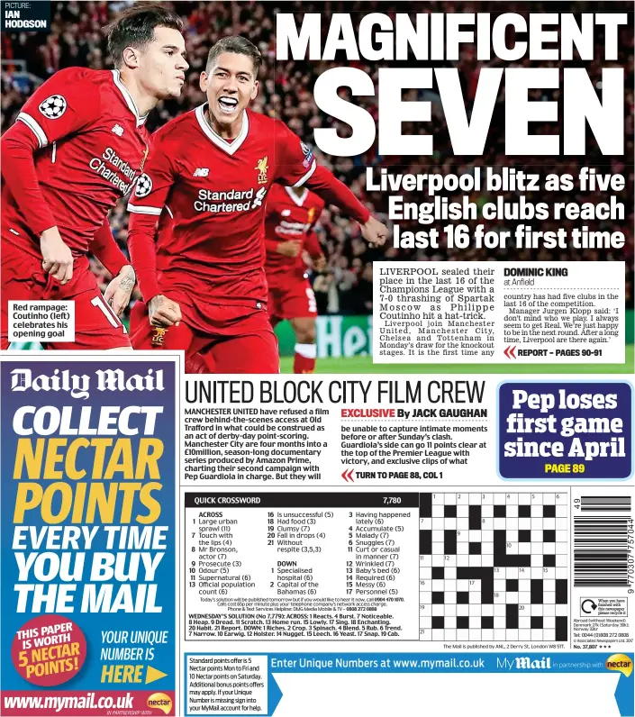 ?? PICTURE: IAN HODGSON EXCLUSIVE By JACK GAUGHAN ?? Red rampage: Coutinho (left) celebrates his opening goal MANCHESTER UNITED have refused a film crew behind-the-scenes access at Old Trafford in what could be construed as an act of derby-day point-scoring. Manchester City are four months into a £10million, season-long documentar­y series produced by Amazon Prime, charting their second campaign with Pep Guardiola in charge. But they will be unable to capture intimate moments before or after Sunday’s clash. Guardiola’s side can go 11 points clear at the top of the Premier League with victory, and exclusive clips of what