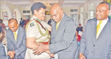  ?? Picture: JONACANI LALAKOBAU ?? Acting Commission­er Fiji Correction­s Service Salote Panapasa meets Albertino Shankar, left, Iliesa Duvuloco and Veremo Peceli Masidole at the presidenti­al pardon ceremony at the State House in Suva on Thursday.