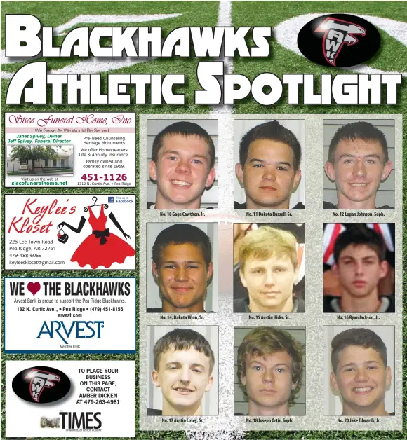  ??  ?? No. 10 Gage Cawthon, Jr.
No. 14, Dakota Winn, Sr.
No. 17 Austin Losey, Sr.
No. 11 Dakota Russell, Sr.
No. 15 Austin Hicks, Sr.
No. 18 Joseph Ortiz, Soph.
No. 12 Logan Johnson, Soph.
No. 16 Ryan Jackson, Jr.
No. 20 Jake Edwards, Jr.