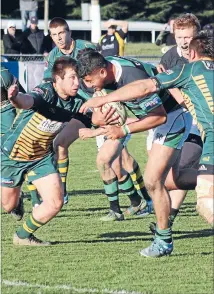 ?? Photo: STU PIDDINGTON/FAIRFAX NZ ?? One back: Replacemen­t loose forward Doug Hill scores a consolatio­n try after South Canterbury were thumped by Mid Canterbury in Ashburton on Saturday.