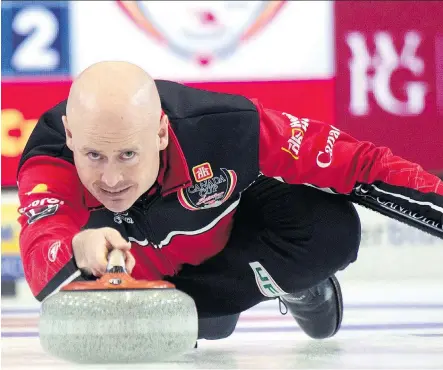  ?? THE CANADIAN PRESS/MICHAEL BURNS ?? Skip Kevin Koe delivers his stone against Brad Jacobs at the Canada Cup in Estevan, Sask., on Sunday. Curling Canada said on Thursday an “officiatin­g mistake” resulted in Koe’s team being informed its final stone was being removed from play.