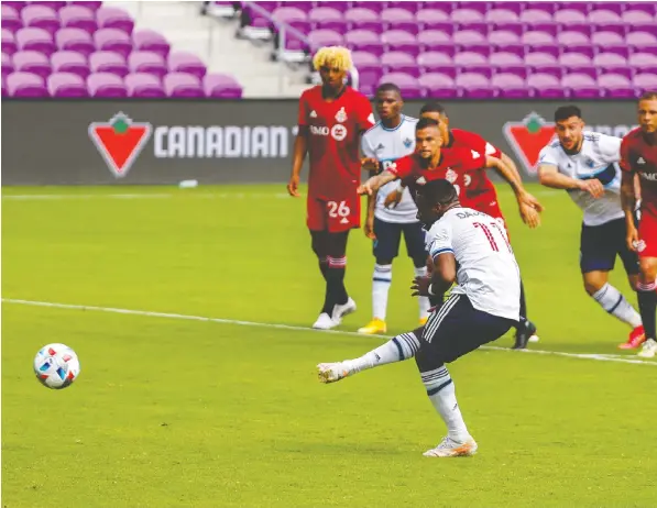  ?? NATHAN RAY SEEBECK/USA TODAY SPORTS FILES ?? Whitecaps forward Cristian Dajome connects on a penalty kick against Toronto FC last month, one of two such set-piece goals he has scored so far this MLS season. Set-play perfection has been the Whitecaps' calling card so far this season.