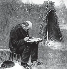  ??  ?? Refuge: Artist’s impression of Lenin writing outside the hay hut
