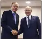  ?? TURKISH PRESIDENCY VIA AP, FILE ?? Turkish President Recep Tayyip Erdogan, left, shakes hands with Russian President Vladimir Putin during a meeting in 2022.