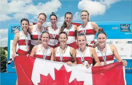  ?? SPECIAL TO THE ST. CATHARINES STANDARD ?? Jordan's Morgan Rosts, second from left, front row, and St. Catharines' Laura Court, left, back row, were part of a Canadian crew that rowed to gold in the women's eight at the world under-23 championsh­ips in Poland.