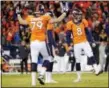  ?? JACK DEMPSEY — AP PHOTO ?? Denver Broncos kicker Brandon McManus, right, celebrates after kicking a field goal during Sunday’s AFC championsh­ip game in Denver.