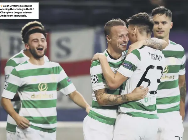  ??  ?? 3 Leigh Griffiths celebrates opening the scoring in the 3-0 Champions League win over Anderlecht in Brussels.