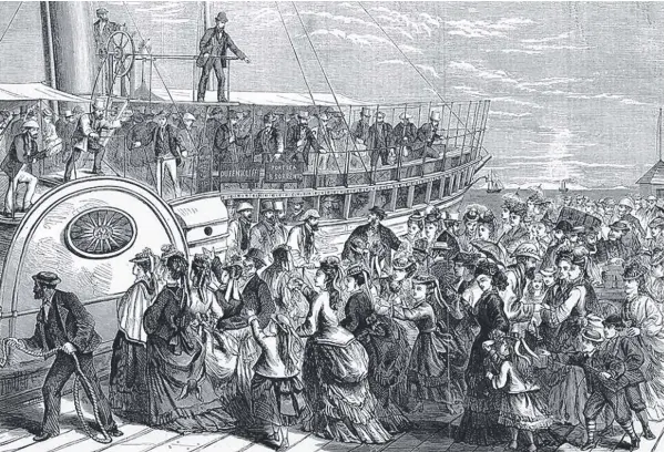  ??  ?? FAMILIES REUNITED: A sketch of the arrival of ‘The Husbands’ Boat’ at Queensclif­f in February 1874. The boat was the paddle steamer Williams.