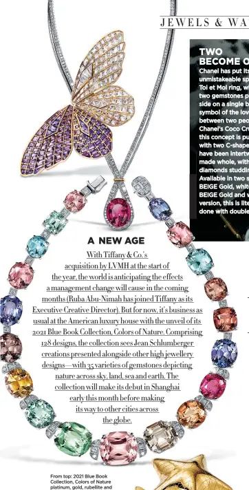  ??  ?? From top: 2021 Blue Book Collection, Colors of Nature platinum, gold, rubellite and diamond necklace; gold, sapphire and diamond transforma­ble brooch; platinum and multi-gem necklace; platinum, tourmaline and diamond ring in a gold vessel, Tiffany & Co.