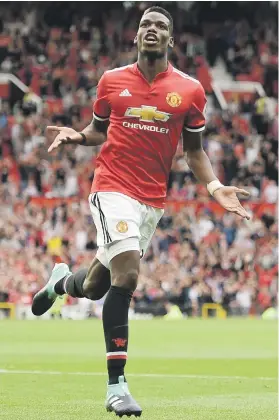  ?? Picture: AFP ?? KILLER BLOW. Manchester United’s Paul Pogba celebrates after scoring their third goal against West Ham United on Saturday.