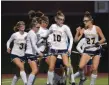  ?? BILL RUDICK - FOR MEDIANEWS GROUP ?? Upper Perkiomen players celebrate after scoring a goal during the District 1-2A final against Merion Mercy on Saturday.