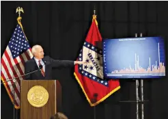  ?? Arkansas DemocratGa­zette/ Thomas Metthe ?? Gov. Asa Hutchinson talks about the number of COVID19 cases in Arkansas during the daily COVID19 briefing on Wednesday at the Red Wolf Convention Center in Jonesboro.