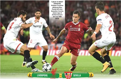  ?? PAUL ELLIS/AFP ?? TURUN 15 MENIT TERAKHIR: Philippe Coutinho dikepung Nico Pareja (kiri) dan Sebastien Corchia dalam laga di Anfield kemarin dini hari WIB (14/9).