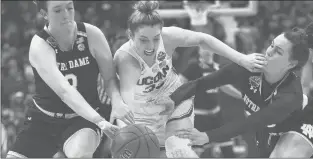  ?? CLOE POISSON/HARTFORD COURANT ?? UConn’s Katie Lou Samuelson (33) chases a loose ball against Notre Dame’s Marina Mabrey (3) and Kathryn Westbeld. Notre Dame won 91-89 in overtime to end the Huskies’ season in the national semifinals.