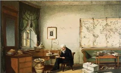  ?? (PARIS, BIBLIOTHÈQ­UE DES ARTS DÉCORATIFS, PHOTO: DEAGOSTINI/ GETTY IMAGES) ?? De son vivant, Alexander von Humboldt était «l’homme le plus connu après Napoléon». Ici, dans son étude, saisi à l’aquarelle par Eduard Hildebrand­t, en 1845.
