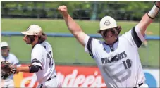  ?? Jeremy Stewart / Rome News-Tribune ?? Schley County first baseman Wade Law (right) and pitcher Chase Patrick celebrate after the final out of Game 2 in the Class A Public state baseball championsh­ip series Thursday at State Mutual Stadium.