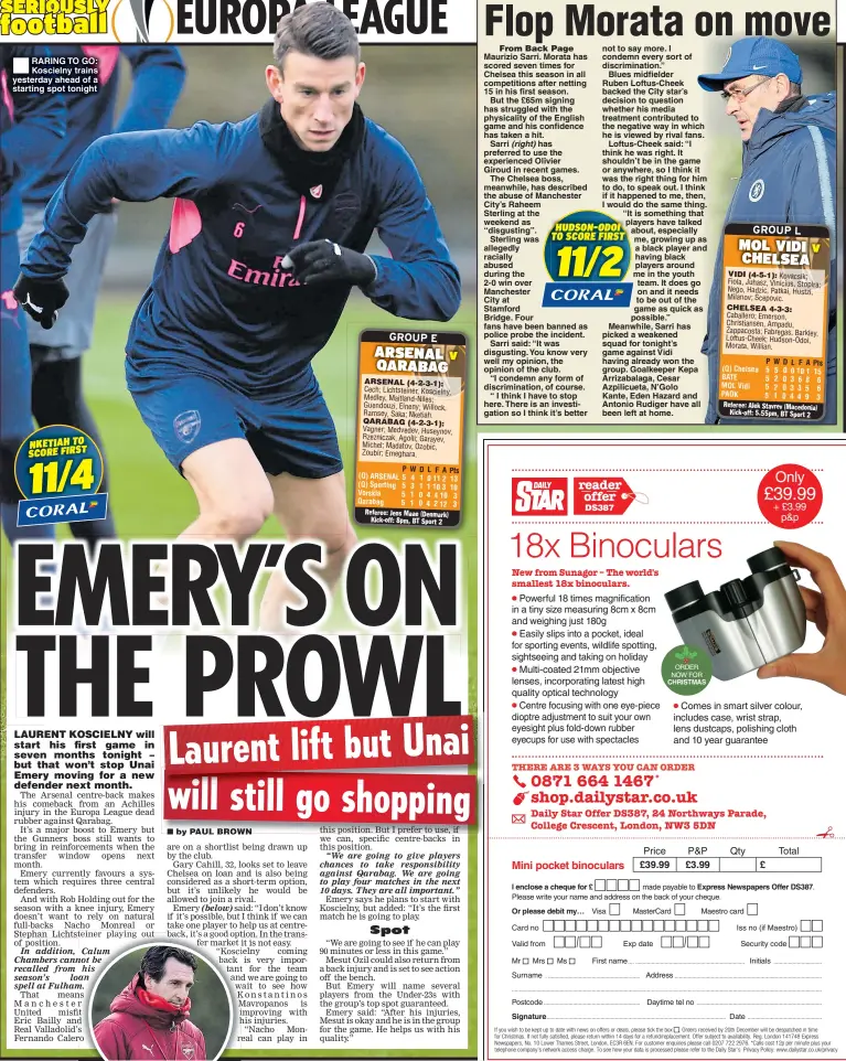  ?? + £3.99 p&p ?? RARING TO GO: Koscielny trains yesterday ahead of a starting spot tonight £39.99 £3.99 £