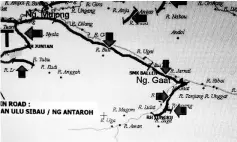  ??  ?? Map of the proposed 73km road from Kapit to Rumah Tungku at Sungai Gaat.